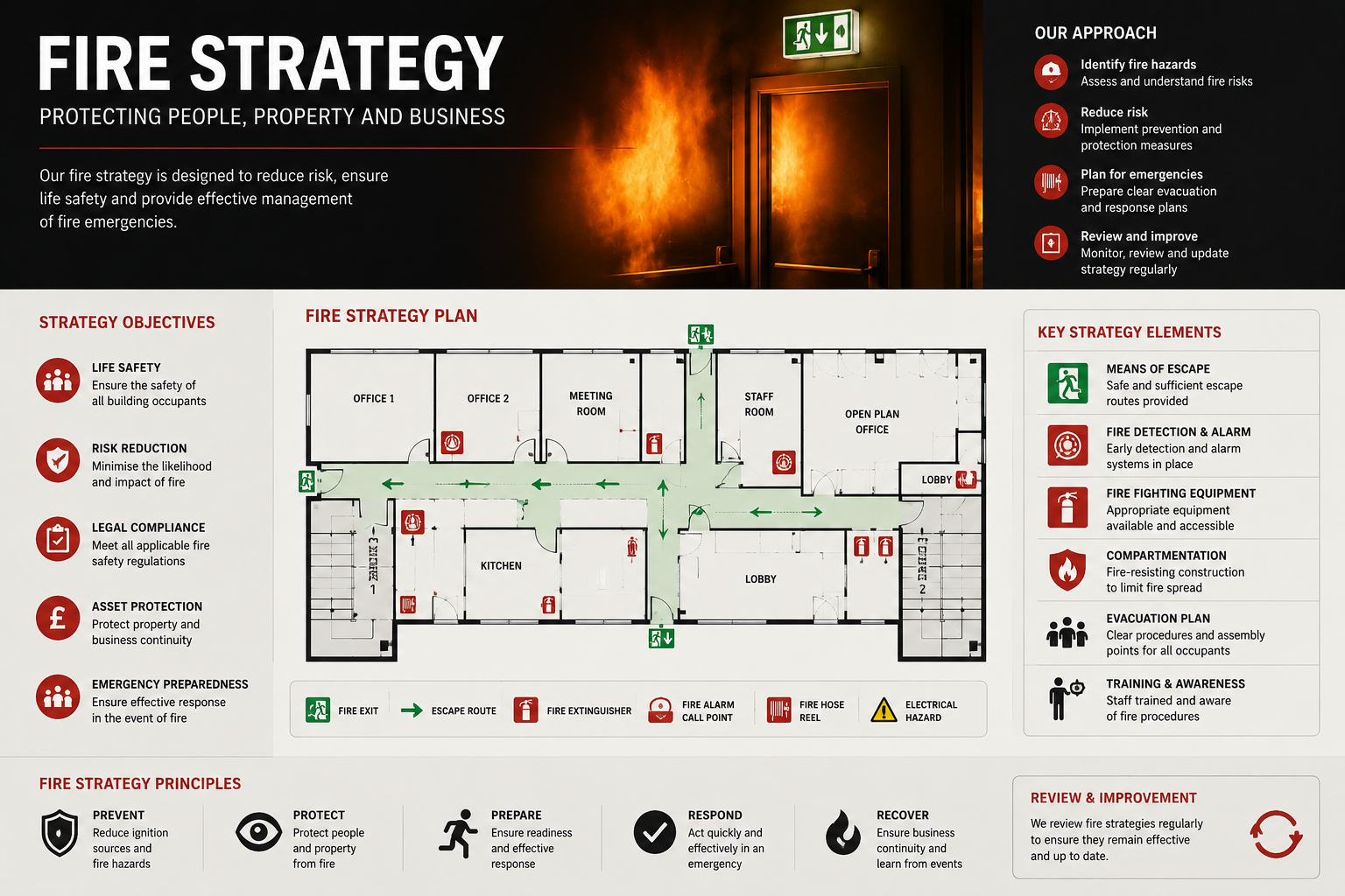 Infographic titled 'Fire Strategy' showing a building floor plan with labeled rooms and safety icons, plus sections on objectives, principles, and our approach to fire safety.